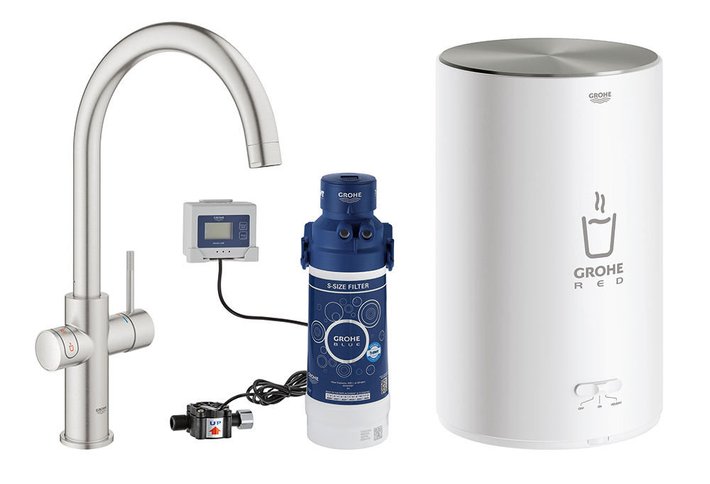 GROHE Red II Duo Køkkenarmatur med C-tud. Str. M med rund kedel og filter. Rustfri Supersteel