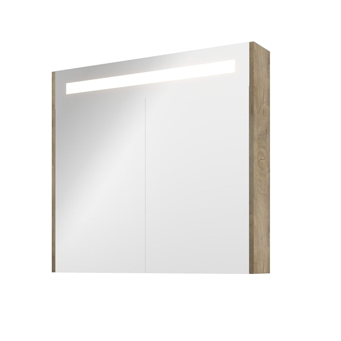 Proline spejlskab 80x74cm, LED belysning, rå eg paneler