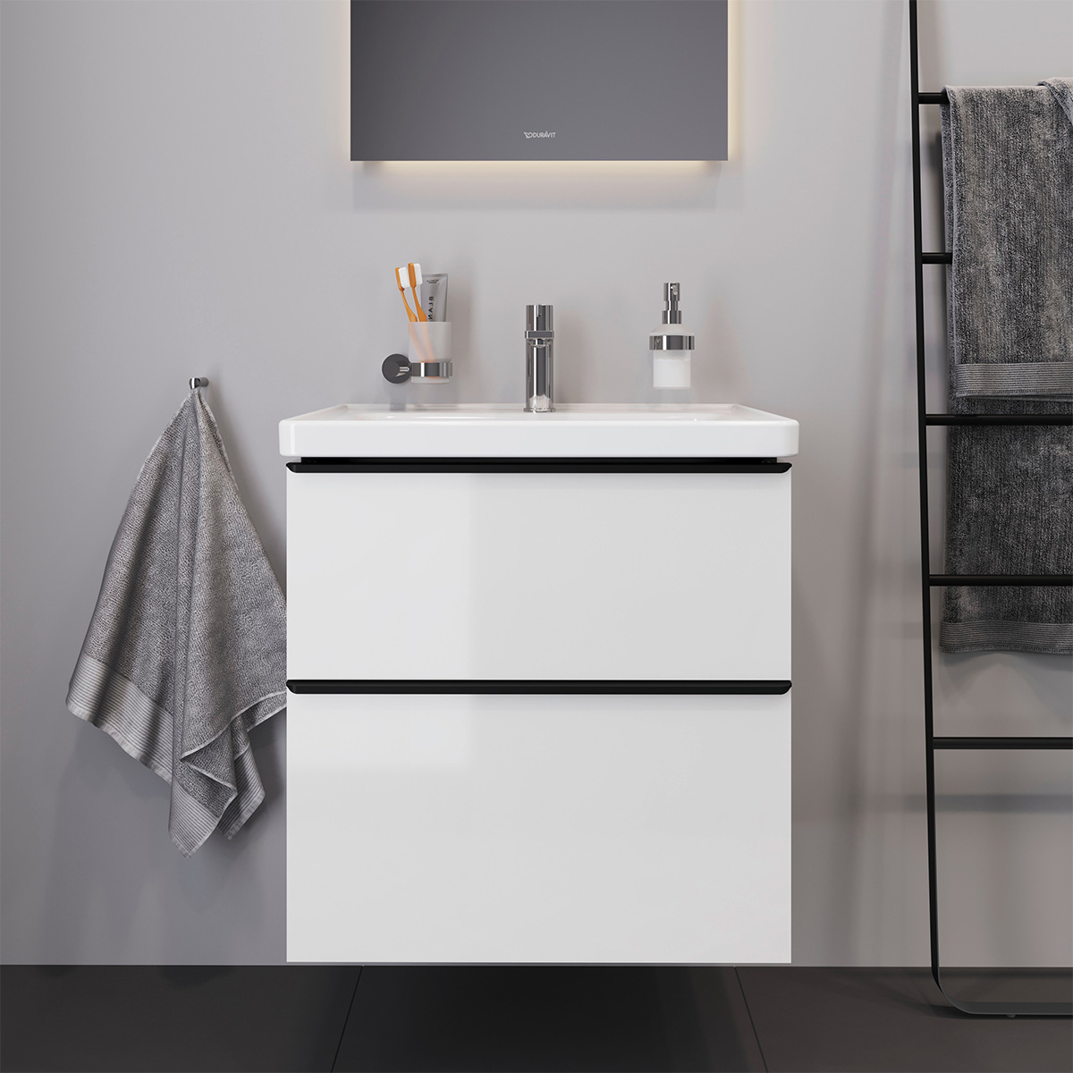 Duravit D-Neo sæt (skab+vask), hvid højglans, 2-skuffer, 650 mm