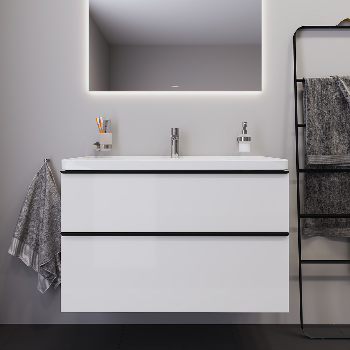 Duravit D-Neo (skab+vask), hvid højglans, 2-skuffer, 1000 mm