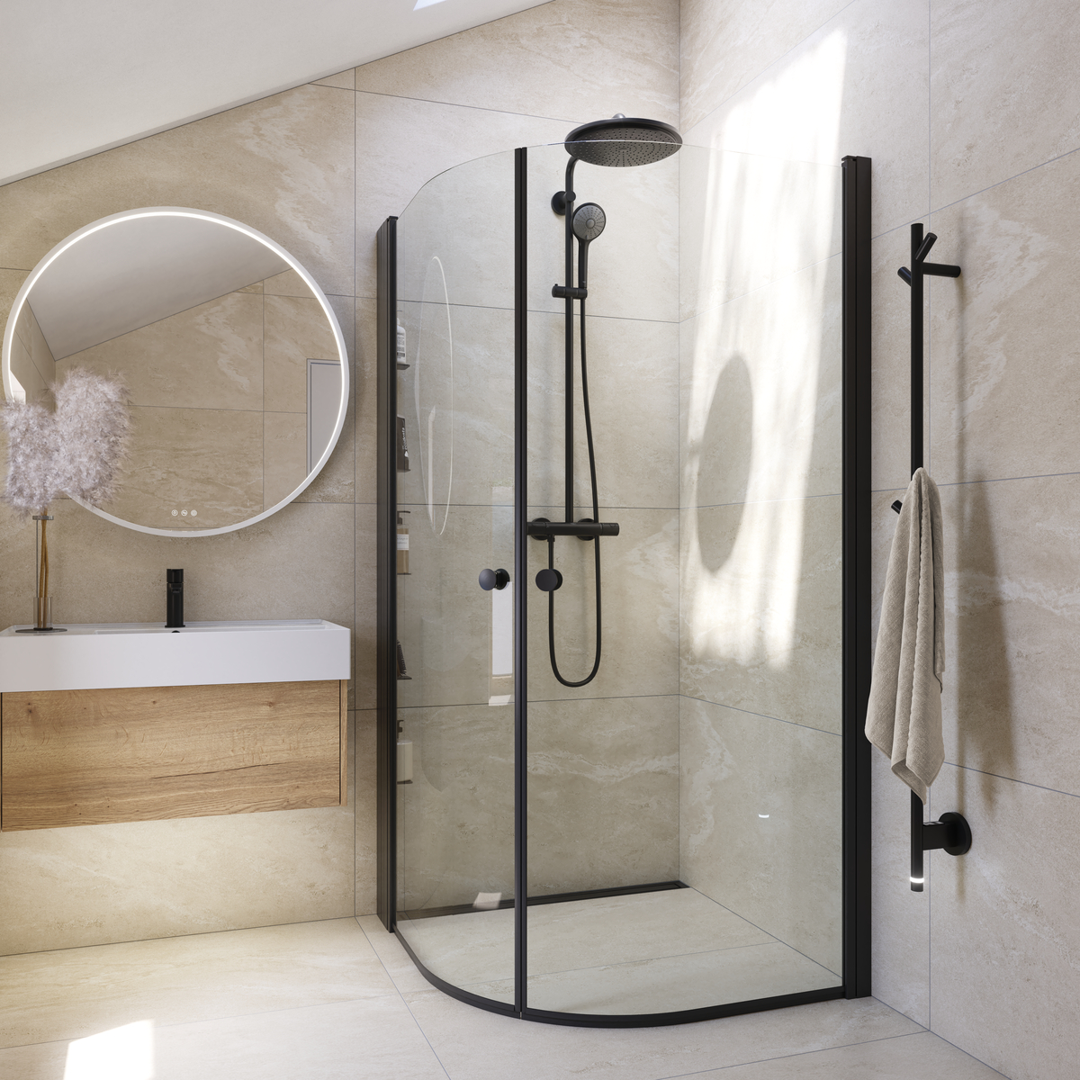Dansani Match halvrund brusedør, H: 200 × 7274 cm, sort/klart glas